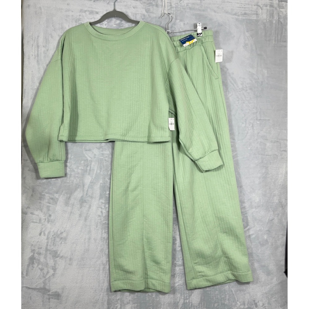 Old Navy Womens Set M Green Bounce Fleece Quilted Crop Top Wide Leg Pants NWT